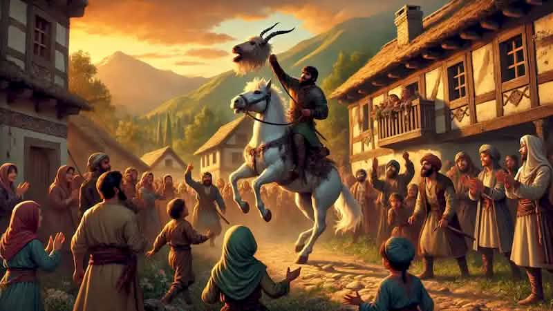 Rostam returns to the village riding Rakhsh with the White Demon's head, greeted by celebrating villagers.