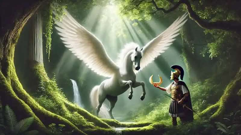 Bellerophon meets Pegasus by the Hippocrene spring, holding a golden bridle amidst a serene, divine grove.