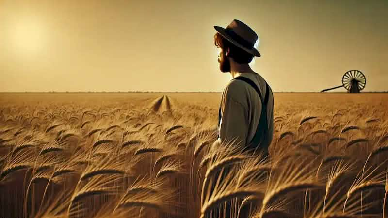 A farmer stands in a golden wheat field, gazing at the horizon under a clear sky, waiting for his crops to grow.