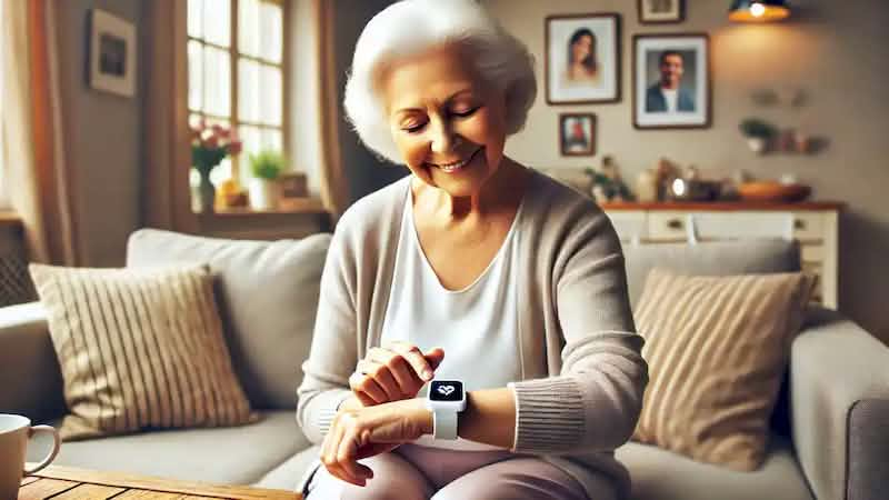 Elderly woman using the Memo device in a cozy living room, smiling as it provides her with a gentle reminder.