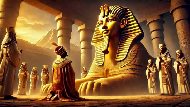 Pharaoh Khafre kneels before the completed Sphinx during its ceremonial unveiling, surrounded by priests in golden light.