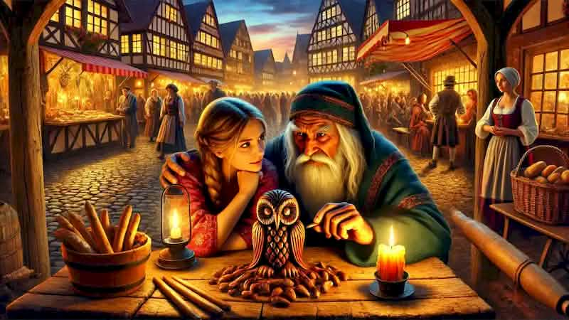 A vibrant harvest festival scene where an old man carves a talisman as Anna watches in fascination.