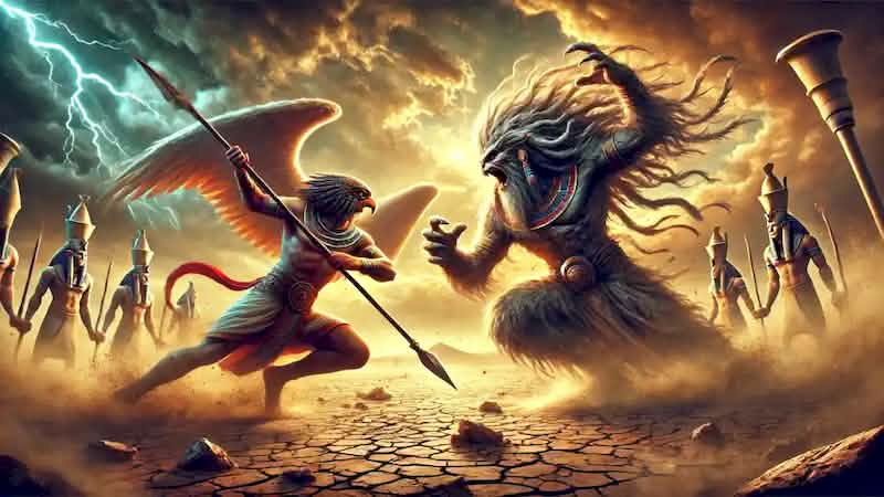 Horus and Seth locked in fierce combat in the desert under a stormy sky, representing the clash of order and chaos.