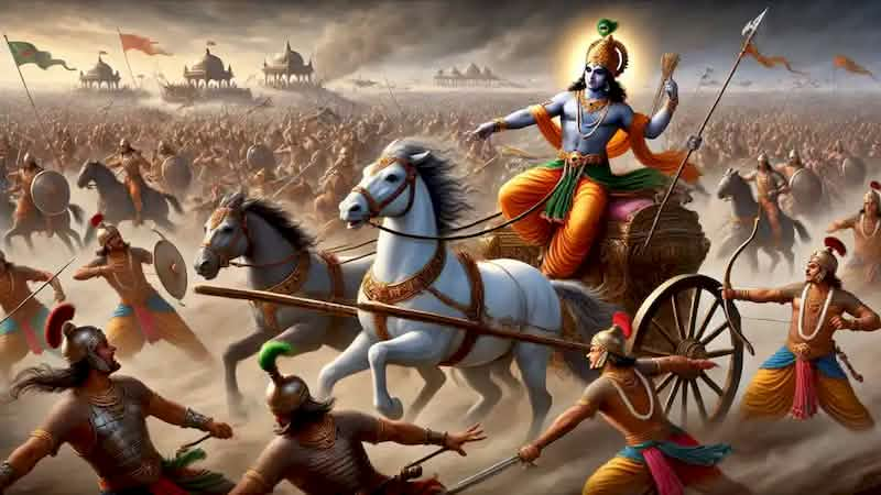 Arjuna fights in the battle of Kurukshetra with detachment, while Krishna guides his chariot through the chaos of war.