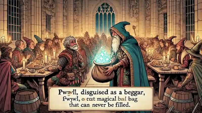 Pwyll, disguised as a beggar, outwits Gwawl with a magical bag in a grand hall filled with food and feasting guests.