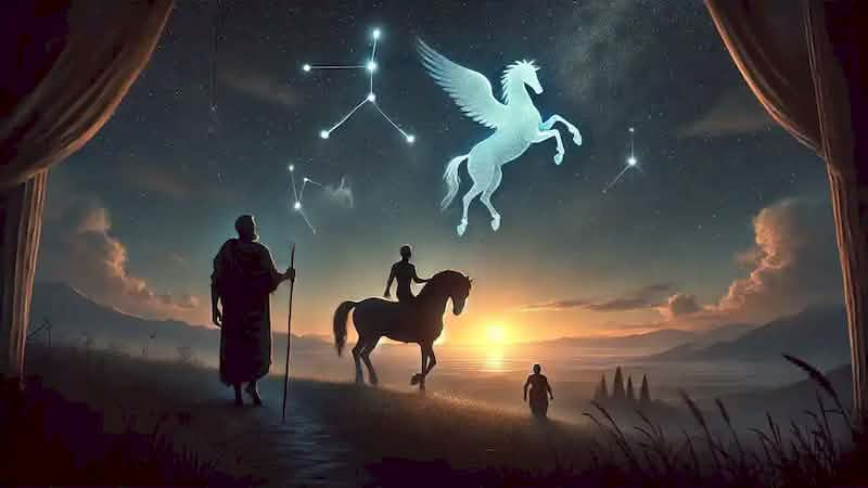 Pegasus ascends as a constellation, while an older Bellerophon walks beneath a starry twilight sky.