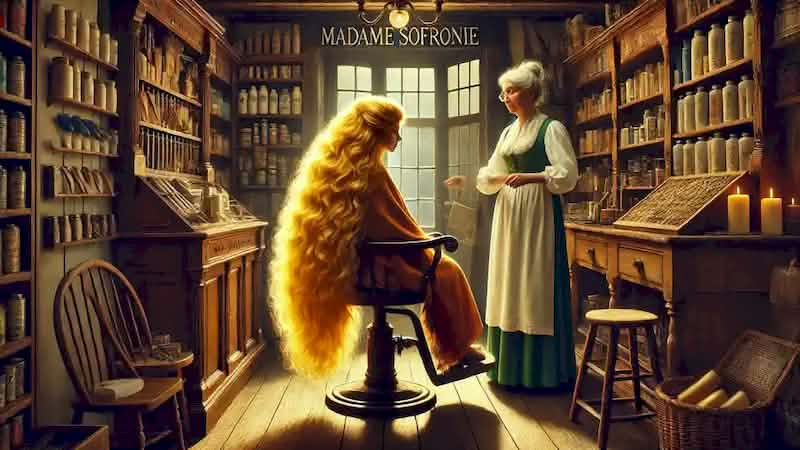  Della sits in a hair goods shop, her golden hair being assessed by Madame Sofronie for sale.