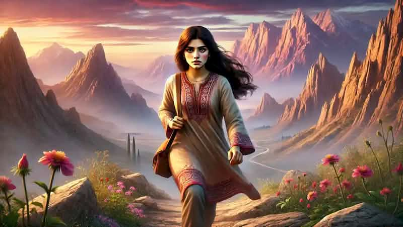 Anahita walks along a rugged mountain path, wearing traditional Persian attire with a satchel.