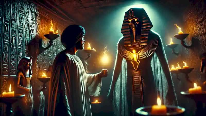 Amenu in his chambers at night, confronted by the glowing scarab and the ghostly pharaoh's apparition.