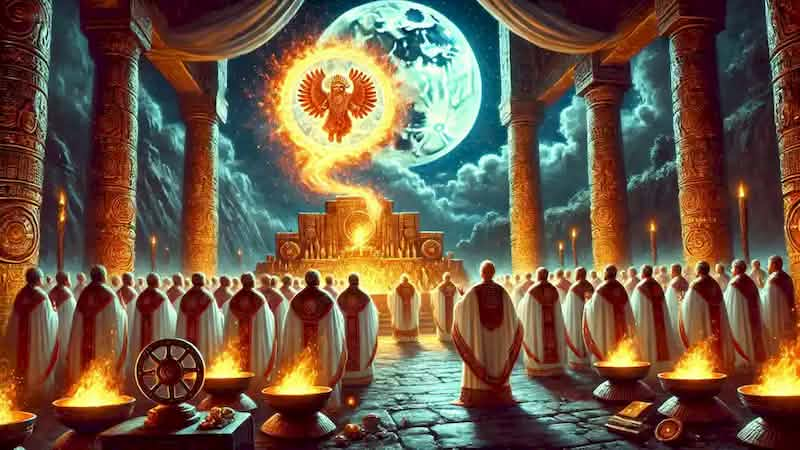 Priests of Aztlan receive a divine prophecy from Huitzilopochtli, illuminated by celestial fire under a moonlit sky.