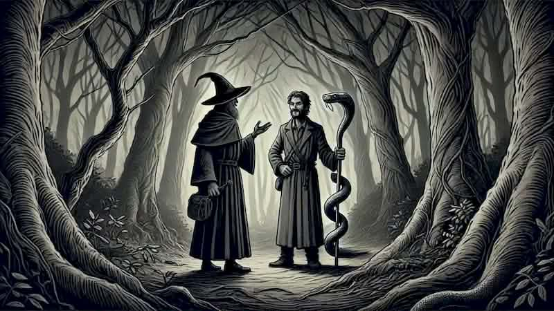 Goodman Brown meets a mysterious stranger with a serpent-like staff in the dark forest, surrounded by shadows.