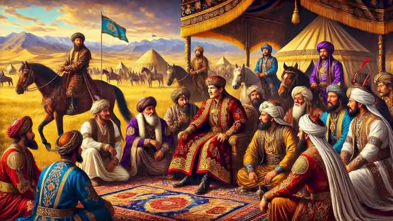 Bakhtiyar Khan negotiating with rival tribal leaders, seated in a semi-circle on the golden steppe under a bright sky.