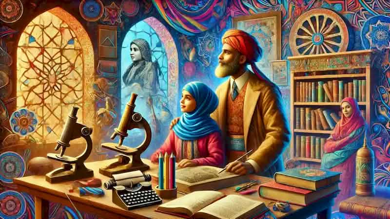 Aisha and Tariq as mentors, guiding young historians in their quest for knowledge, in a home filled with books and artifacts.