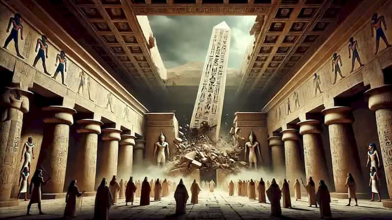 A large obelisk crumbles inside an Egyptian temple as priests and citizens watch in terror and disbelief.