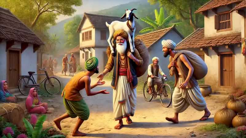 A poor Brahmin carrying a goat on his shoulders while three cunning thieves approach him in a village.