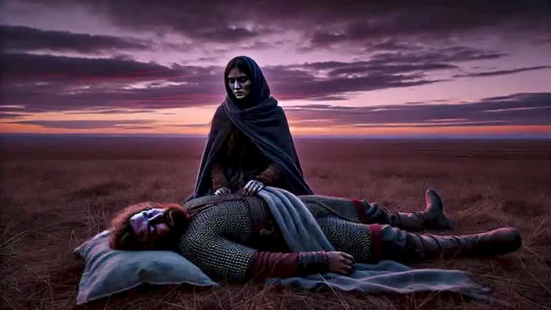 Bayan-Sulu mourns beside the gravely wounded Kozi-Korpesh at twilight, their love persisting even in grief.