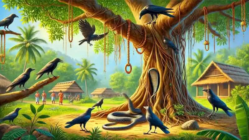 Crows drop a necklace into a snake's hole at the base of a banyan tree with a village in the background.