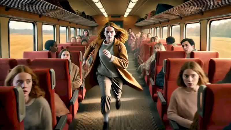 Emma runs down a crowded train aisle, chasing after the frightened girl as passengers look on.