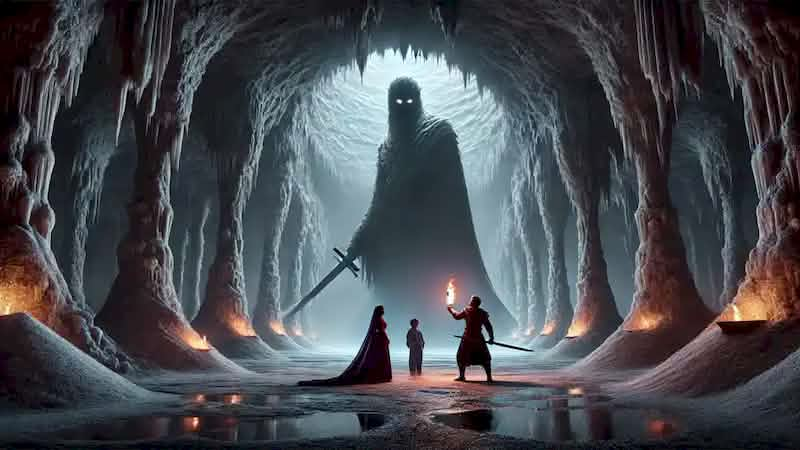 Shirin and Arash face Khosro, the vengeful spirit, in a vast salt cavern lit by their torches, surrounded by salt crystals.