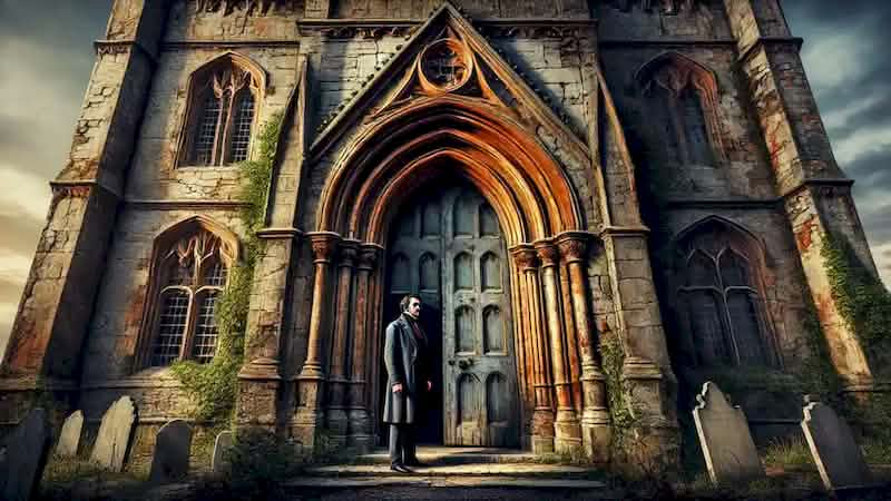 The narrator stands before the imposing, decayed entrance of the House of Usher, looking hesitantly at the Gothic door.