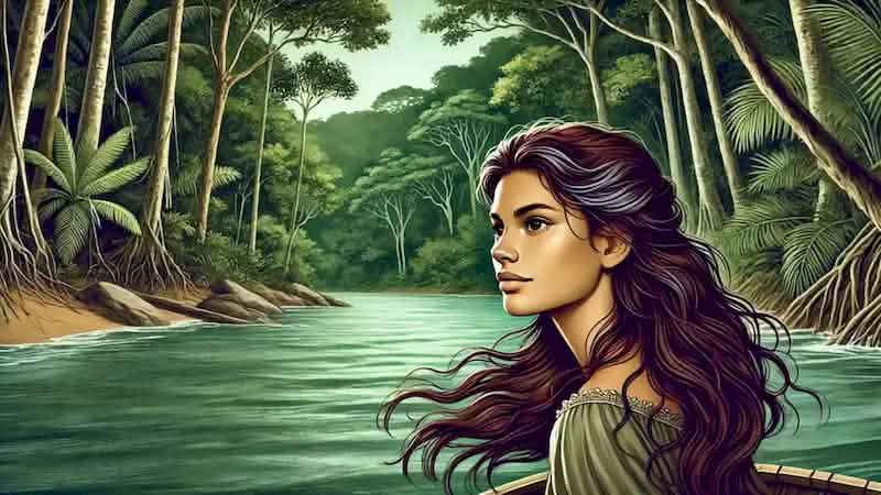 Yara with brown hair and brown eyes, being lured to the river by her jealous brothers in the dense Amazon forest.