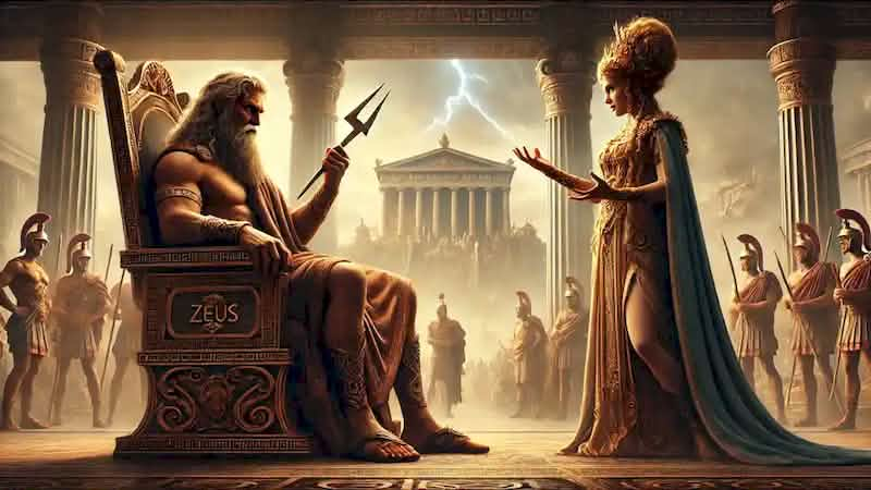  Zeus sits on his throne holding a thunderbolt as he argues with Hera during the Trojan War, with other gods watching.