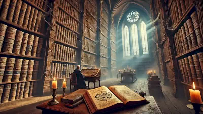 Heinrich studies the alchemist’s journal in a dimly lit library filled with dusty books and cobwebs.