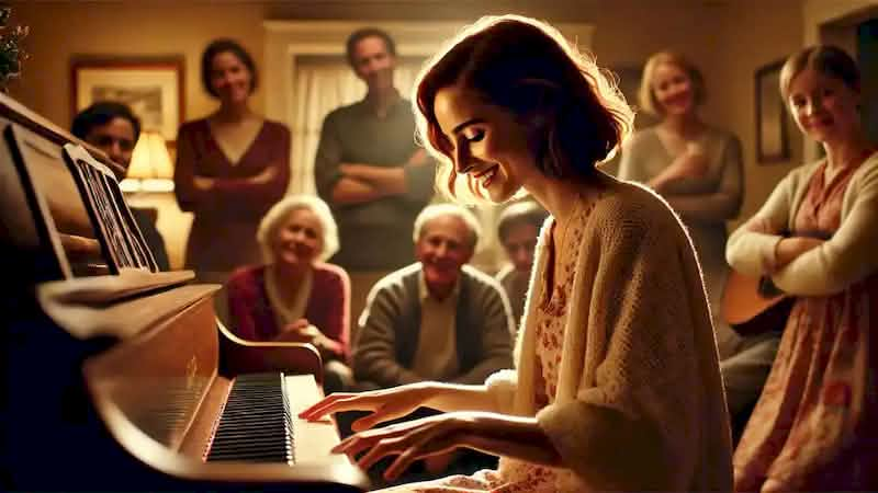 Frances plays piano calmly, smiling, surrounded by friends and family in a warm, cozy living room.