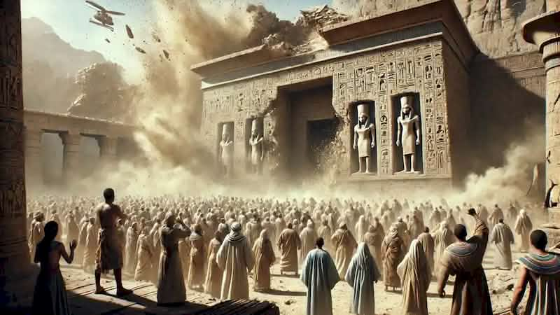 Priests and citizens watch in horror as the sacred temple of Waset crumbles, symbolizing the collapse of order and balance.