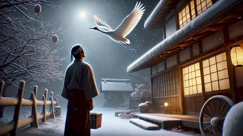 Takashi watching a crane fly away into the night sky from outside his snow-covered home.