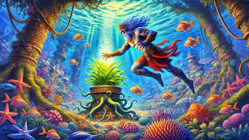 Gilgamesh diving into the ocean to retrieve the plant of rejuvenation. The scene shows Gilgamesh underwater, surrounded by vibrant sea life, reaching for a glowing plant at the ocean's depth.