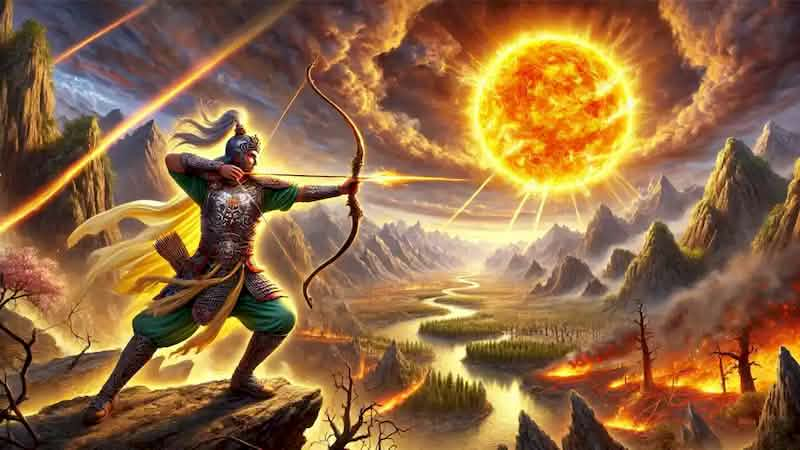 Hou Yi aims his divine bow at the sky, shooting down one of the blazing suns, with a barren landscape below.