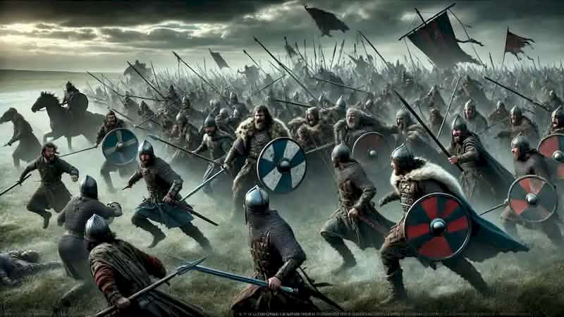  Ulster and Connacht warriors in a stormy battlefield, clashing fiercely with shields and weapons in the final battle.