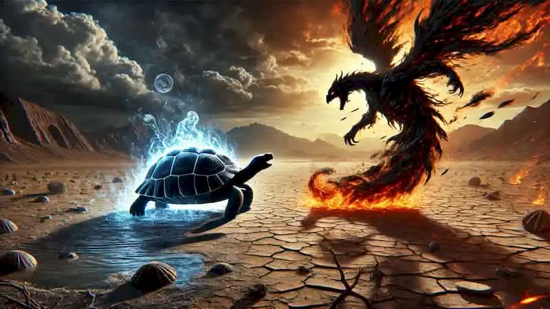 The ethereal Black Tortoise spirit battling the Shadow of Drought in the skies