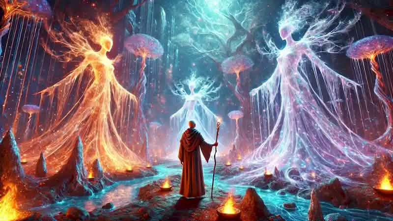 Eliar stands before glowing Loomweavers weaving cosmic threads in a vibrant crystalline forest of Kokultermyn.