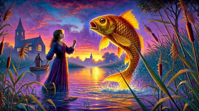 Leila standing by the river at twilight, calling to the magical fish leaping from the water in golden light.