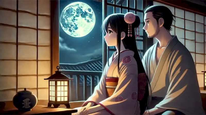 Kaguya-hime gazes at the moon, filled with sorrow, as her father gently tries to comfort her in their dimly lit room.