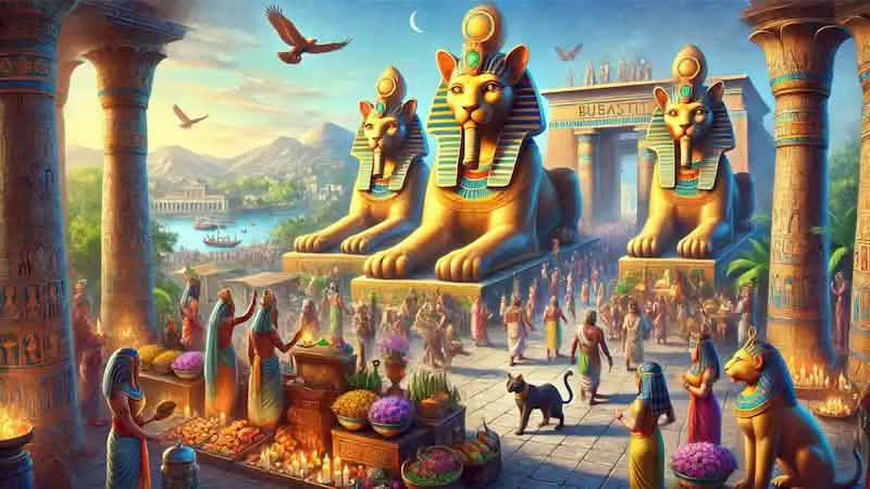 Bastet's grand temple in Bubastis during a festival, with worshippers offering gifts and celebrating.