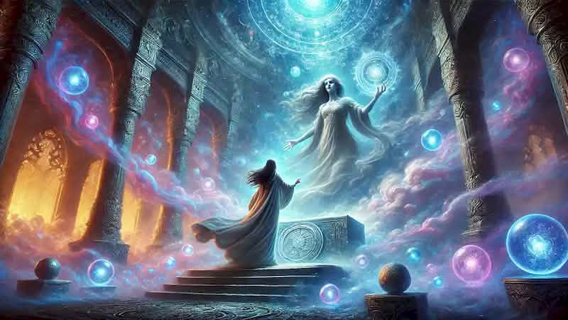 In a mystical realm, the Banshee gestures toward a glowing pendant as Eleanor stands awestruck among swirling mist and lights.