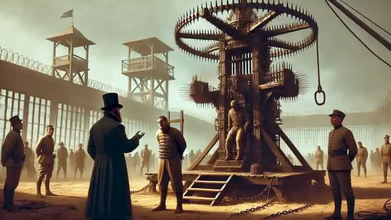 A shackled prisoner stands before the execution machine while the Officer explains it to a horrified traveler.