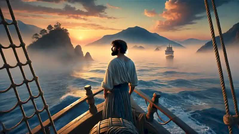 Greek sailor sails away from the Island of the Blessed at sunrise, looking back at the misty, fading paradise.