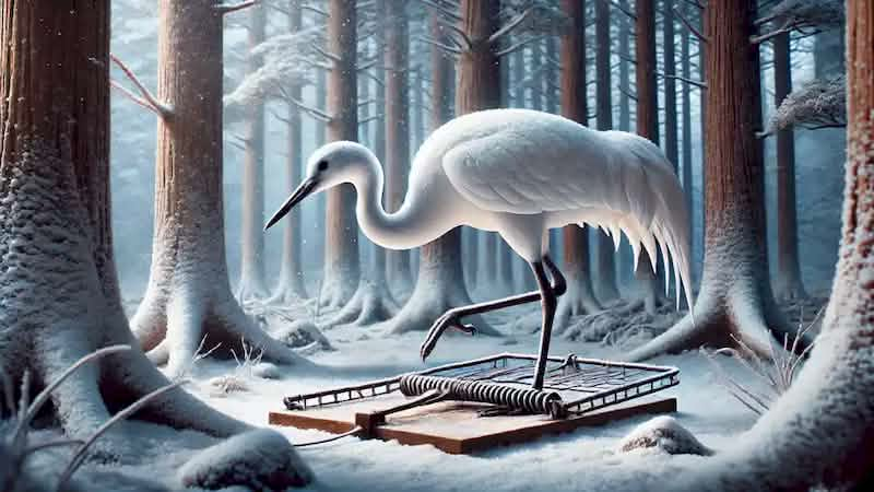 A white crane trapped in a snow-covered forest clearing, struggling in a hunter's trap.