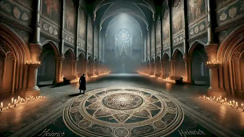 The grand hall of Eschtheim with a glowing mosaic and emerging shadowy wraith.