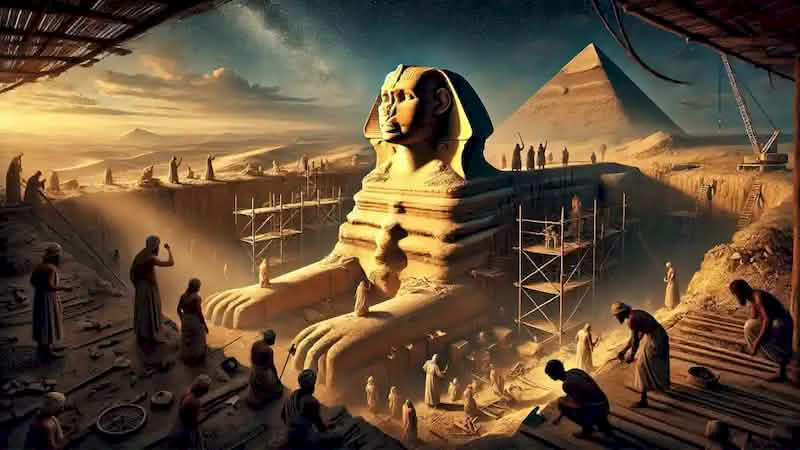 Workers and overseers near the partially completed Sphinx, shadows hinting at mysterious occurrences during twilight.