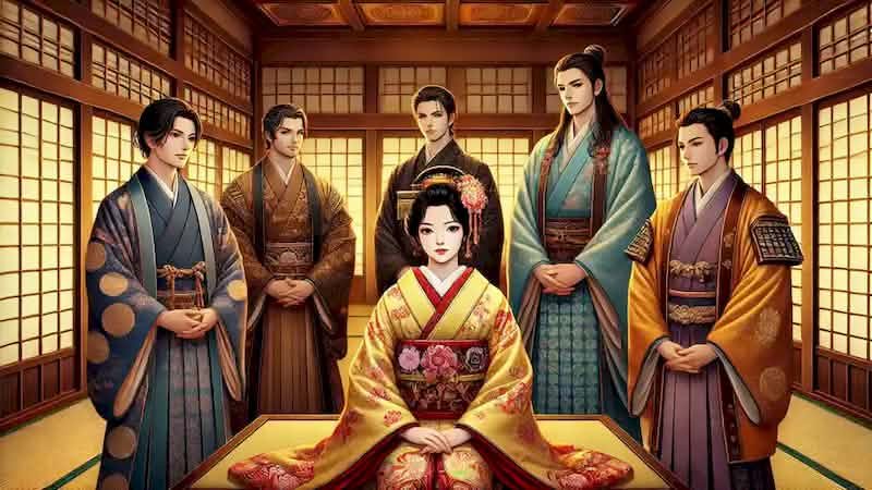 Five noble princes stand respectfully before Kaguya-hime, each longing to win her love in a traditional Japanese home.