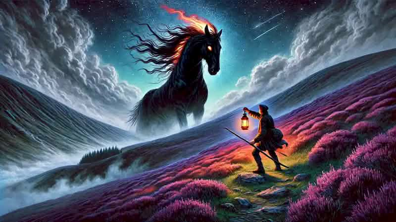 Eamon encounters the Pooka, a black stallion with glowing eyes, on a misty hill under a starry sky.