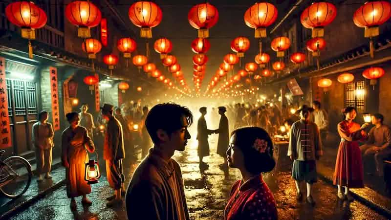 Wei and Mei reunite under red lanterns during a lively village festival, locking eyes in a moment of fate.