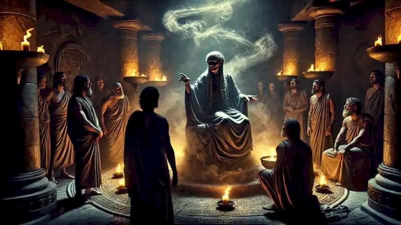 The Oracle of Delphi delivers a grave prophecy to the envoys of Atlantis in a dimly lit chamber.