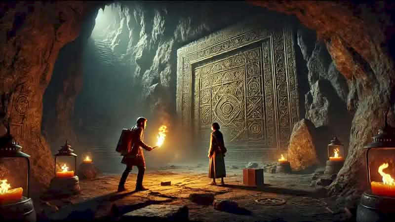 Arash and Soraya in a cave, facing a massive stone door illuminated by torchlight.