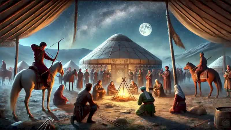 A Kazakh nomadic camp under moonlight; travelers demonstrate skills to the Tarlyk clan near yurts and campfires.